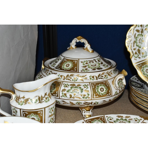 406 - A THIRTY NINE PIECE ROYAL CROWN DERBY 'GREEN DERBY PANEL' DINNER SERVICE, comprising two tureens, a ... 