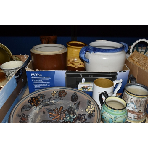 409 - THREE BOXES AND LOOSE CERAMICS, to include a Glyn Colledge for Denby mug depicting a huntsman and a ... 