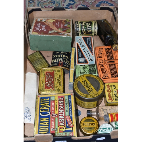 410 - A QUANTITY OF ASSORTED VINTAGE ADVERTISING TINS AND PACKETS, including Lullaby Soap, Parkinsons Indi... 