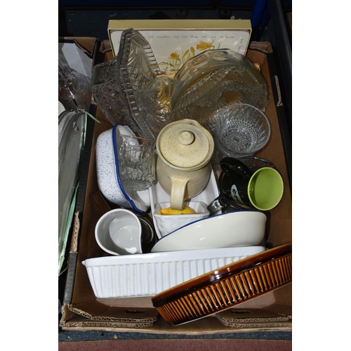 411 - FIVE BOXES OF CERAMICS, GLASS AND SUNDRY ITEMS, to include various Denby dinner and oven to table wa... 