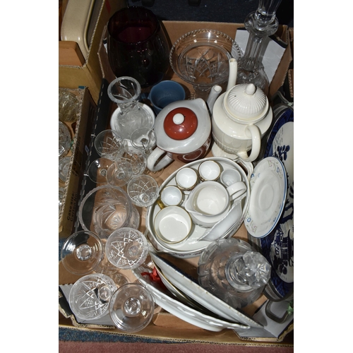 411 - FIVE BOXES OF CERAMICS, GLASS AND SUNDRY ITEMS, to include various Denby dinner and oven to table wa... 