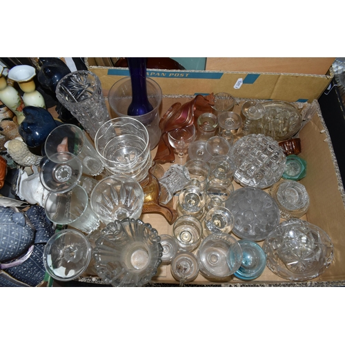 411 - FIVE BOXES OF CERAMICS, GLASS AND SUNDRY ITEMS, to include various Denby dinner and oven to table wa... 