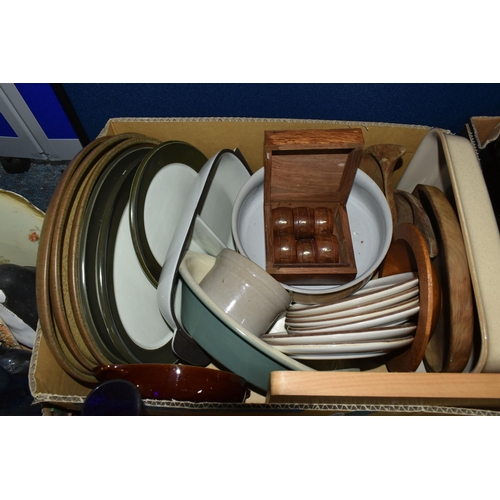 411 - FIVE BOXES OF CERAMICS, GLASS AND SUNDRY ITEMS, to include various Denby dinner and oven to table wa... 