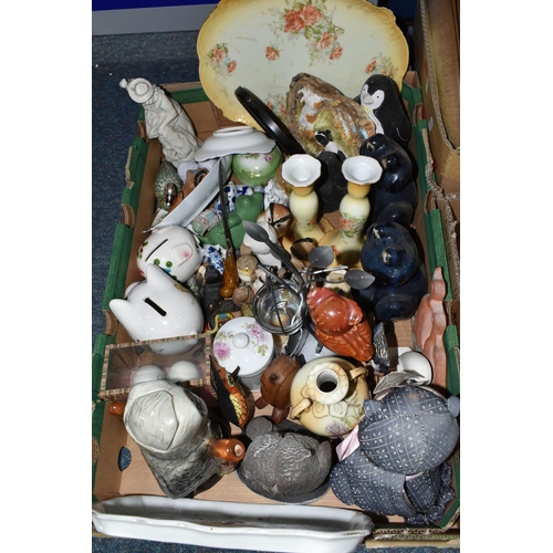 411 - FIVE BOXES OF CERAMICS, GLASS AND SUNDRY ITEMS, to include various Denby dinner and oven to table wa... 