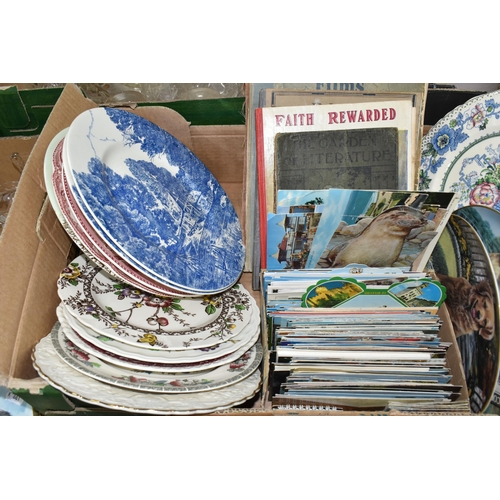 413 - FIVE BOXES AND LOOSE CERAMICS, GLASS, BOOKS AND EPHEMERA, to include an RCR clear and blue crystal s... 