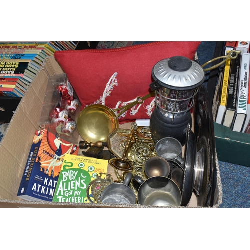 414 - TWO BOXES OF METAL WARES AND SUNDRIES, to include a brass ladle, horse brasses - some attached to le... 