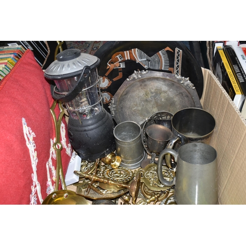 414 - TWO BOXES OF METAL WARES AND SUNDRIES, to include a brass ladle, horse brasses - some attached to le... 