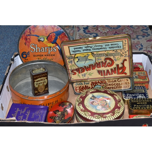 416 - A BOX OF VINTAGE SWEET AND TOFFEE TINS, including early Cadbury's Milk Tray box, Anvil Caramel tin, ... 