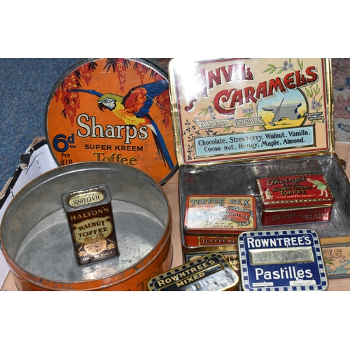 416 - A BOX OF VINTAGE SWEET AND TOFFEE TINS, including early Cadbury's Milk Tray box, Anvil Caramel tin, ... 