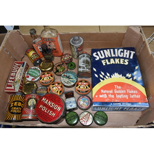 417 - A BOX OF VINTAGE PACKAGING, including Sunlight Flakes, Lifebuoy Soap and a collection of early Shoe ... 