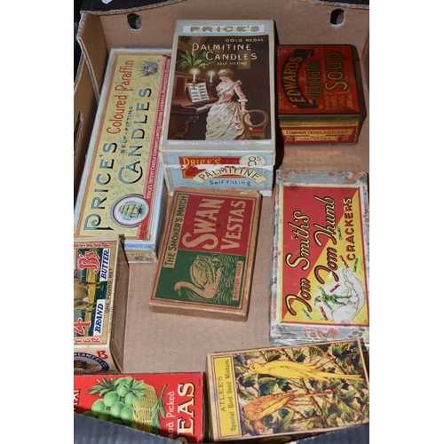 423 - A BOX OF VINTAGE PACKAGING, including Thorn's Peas, Edwards Soup, Tom Smith's Tom Thumb Crackers, Sw... 