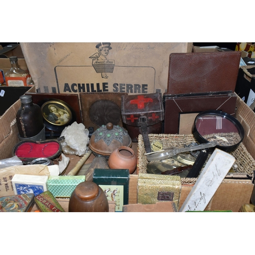 426 - TWO BOXES OF ASSORTED SUNDRIES, to include vintage tins 'Pascall's Creme De Menthe', Harvey's Diamon... 