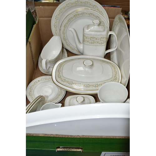 428 - FIVE BOXES OF CERAMICS AND GLASSWARE, to include Royal Doulton 'Paisley' pattern dinner ware and cof... 