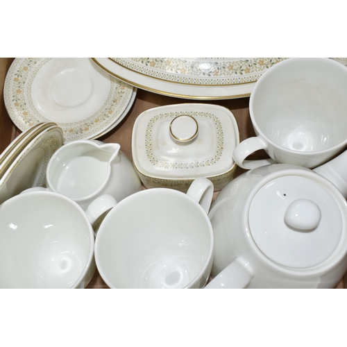 428 - FIVE BOXES OF CERAMICS AND GLASSWARE, to include Royal Doulton 'Paisley' pattern dinner ware and cof... 