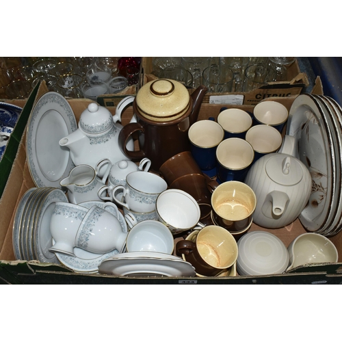 434 - SIX BOXES OF GLASSWARE AND CERAMICS, to include a Hornsea Pottery 'Concept' teapot, milk jug and sug... 