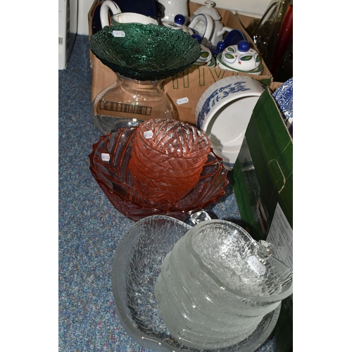 434 - SIX BOXES OF GLASSWARE AND CERAMICS, to include a Hornsea Pottery 'Concept' teapot, milk jug and sug... 