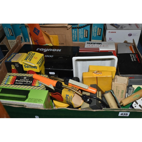 435 - TWO BOXES OF VINTAGE AND MODERN PHOTOGRAPHIC EQUIPMENT, comprising a boxed Canon CP 300 card photo p... 