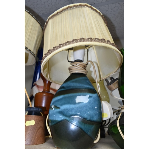 443 - A QUANTITY OF TABLE LAMPS AND SHADES, comprising two mid-century Tremaen Pottery - Newlyn Cornwall l... 