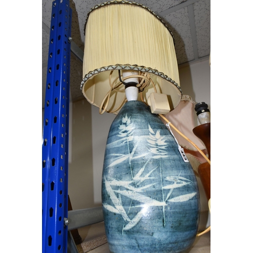 443 - A QUANTITY OF TABLE LAMPS AND SHADES, comprising two mid-century Tremaen Pottery - Newlyn Cornwall l... 