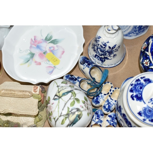 447 - FOUR BOXES OF CERAMICS AND GLASSWARE, to include three cut glass rose bowls, fruit bowl, a Dartingto... 