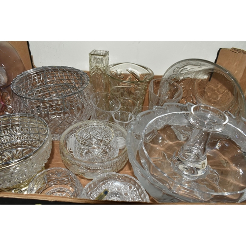 447 - FOUR BOXES OF CERAMICS AND GLASSWARE, to include three cut glass rose bowls, fruit bowl, a Dartingto... 