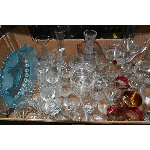 448 - TWO BOXES OF ASSORTED GLASSWARE, to include a blue Whitefriars bubble vase, height 20cm, a George Da... 