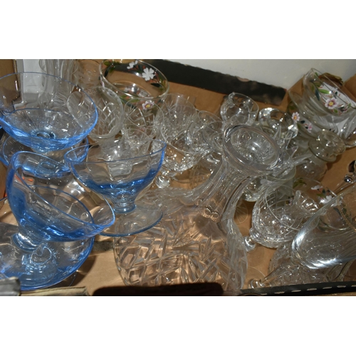 448 - TWO BOXES OF ASSORTED GLASSWARE, to include a blue Whitefriars bubble vase, height 20cm, a George Da... 