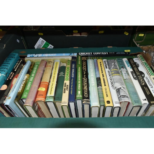 459 - FOUR BOXES OF Cricket Books containing over 120 titles in mostly hardback format and featuring Test ... 