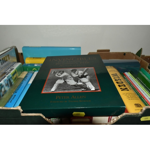 459 - FOUR BOXES OF Cricket Books containing over 120 titles in mostly hardback format and featuring Test ... 