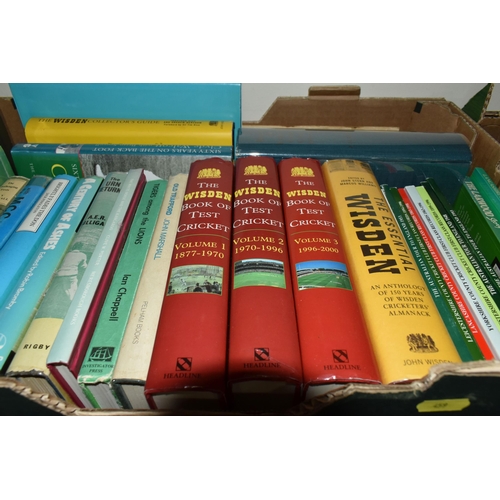 459 - FOUR BOXES OF Cricket Books containing over 120 titles in mostly hardback format and featuring Test ... 