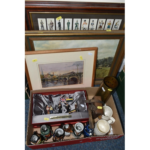 464 - A BOX AND LOOSE CLOCK, DIECAST FIGURES, PICTURES, TRENCH ART AND SUNDRIES, to include an E Johnson &... 