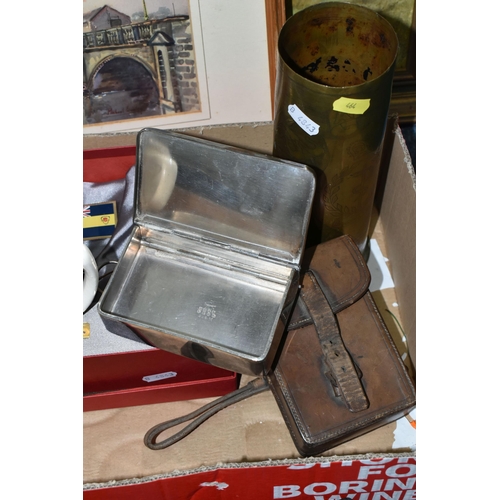 464 - A BOX AND LOOSE CLOCK, DIECAST FIGURES, PICTURES, TRENCH ART AND SUNDRIES, to include an E Johnson &... 