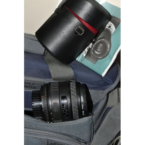 465 - A BOX OF CAMERAS AND PHOTOGRAPHIC EQUIPMENT, to include a Canon EOS 300 35mm camera fitted with a Ca... 