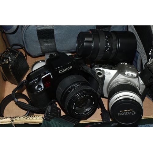 465 - A BOX OF CAMERAS AND PHOTOGRAPHIC EQUIPMENT, to include a Canon EOS 300 35mm camera fitted with a Ca... 