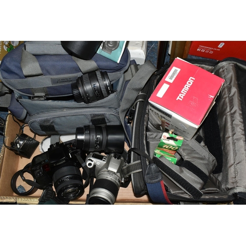 465 - A BOX OF CAMERAS AND PHOTOGRAPHIC EQUIPMENT, to include a Canon EOS 300 35mm camera fitted with a Ca... 