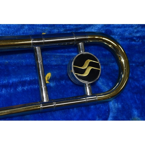 466 - A CASED JUPITER TROMBONE, in brass and plated finish, with hard fitted case (1) (Condition Report: a... 