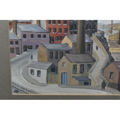 469 - JOHN BULLOCK (BRITISH 20TH CENTURY) 'TOWN LANDSCAPE', an industrial Yorkshire townscape, initialled ... 