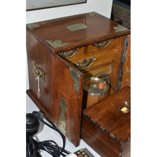 470 - AN OAK SMOKER'S CABINET AND A JEWELLERY BOX, the smoker's cabinet with plated mounts, vacant cartouc... 