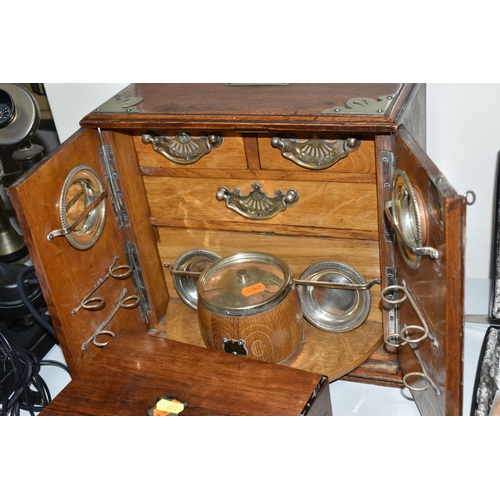 470 - AN OAK SMOKER'S CABINET AND A JEWELLERY BOX, the smoker's cabinet with plated mounts, vacant cartouc... 