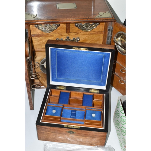 470 - AN OAK SMOKER'S CABINET AND A JEWELLERY BOX, the smoker's cabinet with plated mounts, vacant cartouc... 