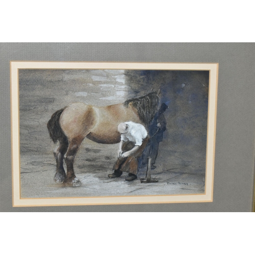 480 - BRIAN IRVING (BRITISH 1931-2013) A STUDY OF A BLACKSMITH SHOEING A HEAVY HORSE, signed bottom right,... 