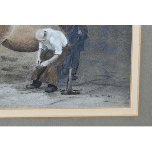 480 - BRIAN IRVING (BRITISH 1931-2013) A STUDY OF A BLACKSMITH SHOEING A HEAVY HORSE, signed bottom right,... 