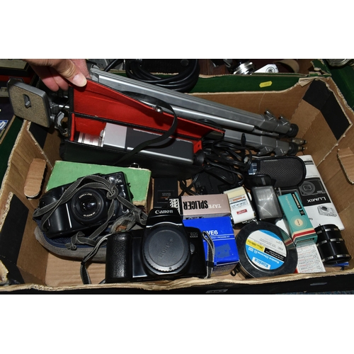 493 - TWO BOXES OF PHOTOGRAPHY EQUIPMENT, to include a Canon EOS 1000F camera body, a Samsung Digimax 3000... 