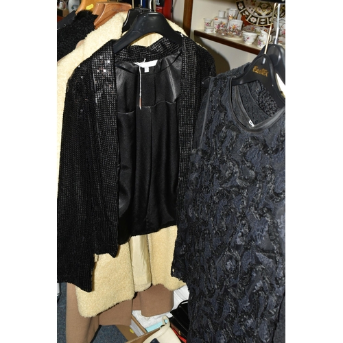 495 - NINE ITEMS OF VINTAGE CLOTHING AND TWO BOXES OF ACCESSORIES, to include a 1960's Cresta Couture blac... 