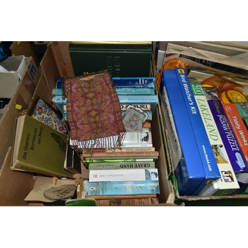 433 - FIVE BOXES OF BOOKS, EPHEMERA AND SUNDRIES, to include, an early 20th century beaded evening bag, a ... 