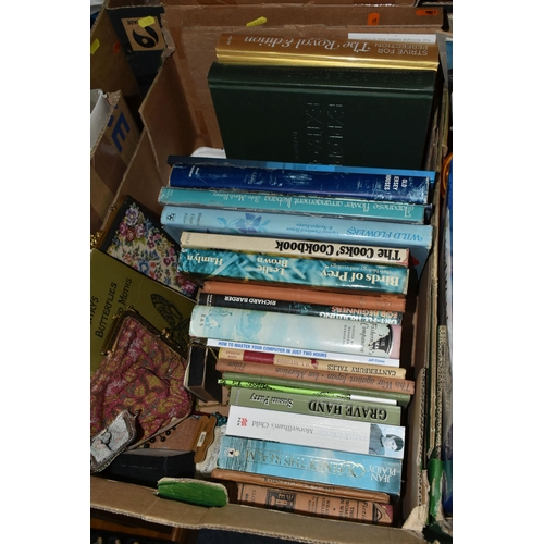 433 - FIVE BOXES OF BOOKS, EPHEMERA AND SUNDRIES, to include, an early 20th century beaded evening bag, a ... 