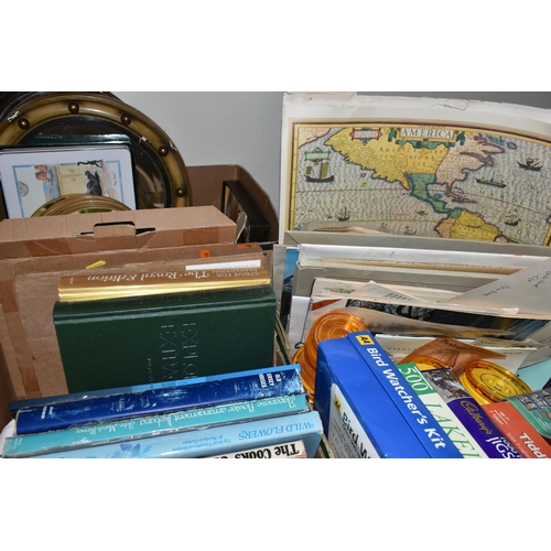 433 - FIVE BOXES OF BOOKS, EPHEMERA AND SUNDRIES, to include, an early 20th century beaded evening bag, a ... 