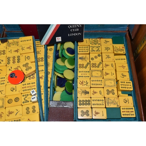 436 - MAH JONG, comprising a 20th century travel set of Mah Jong, appears complete with dice and plastic c... 