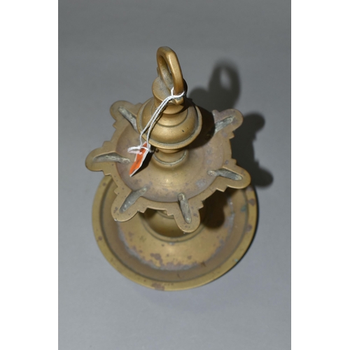 438 - A 19TH CENTURY BRASS JUDEAN SABBATH HANGING OIL LAMP, with seven   Star   platform and dished well b... 