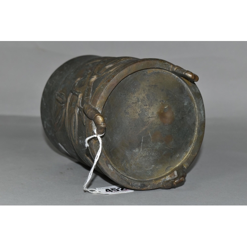 452 - A 19TH CENTURY CHINESE BRONZE BRUSH POT, of bamboo form, cast with shoots and leaves, on three twig ... 